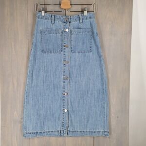 GAP Denim Midi Knee Skirt Light Wash Button Front A-Line Pockets Size 8